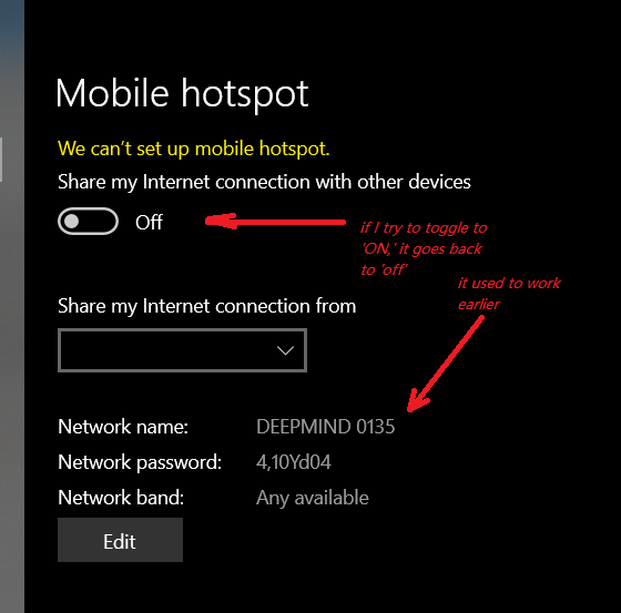 Unable to setup mobile hotspot in Windows 10 earlier it was working