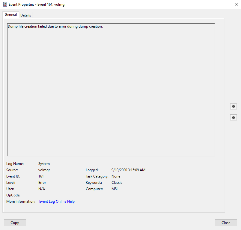 BSOD - volmgr 161, then Kernel-Power 41 b24d94ae-a820-416d-bd7f-2e190e53619d?upload=true.png
