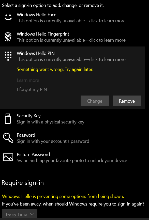 windows hello not allowing to change pin and add/remove fingerprint after update to 1903... b2651cd4-4ce2-495a-ab4c-8f8dc1732ec4?upload=true.png