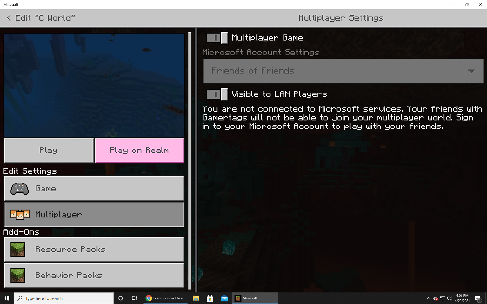 Minecraft says I am not connected to Microsoft services. b2e87ca1-12dd-44c8-95c9-c42e9170afe0?upload=true.png