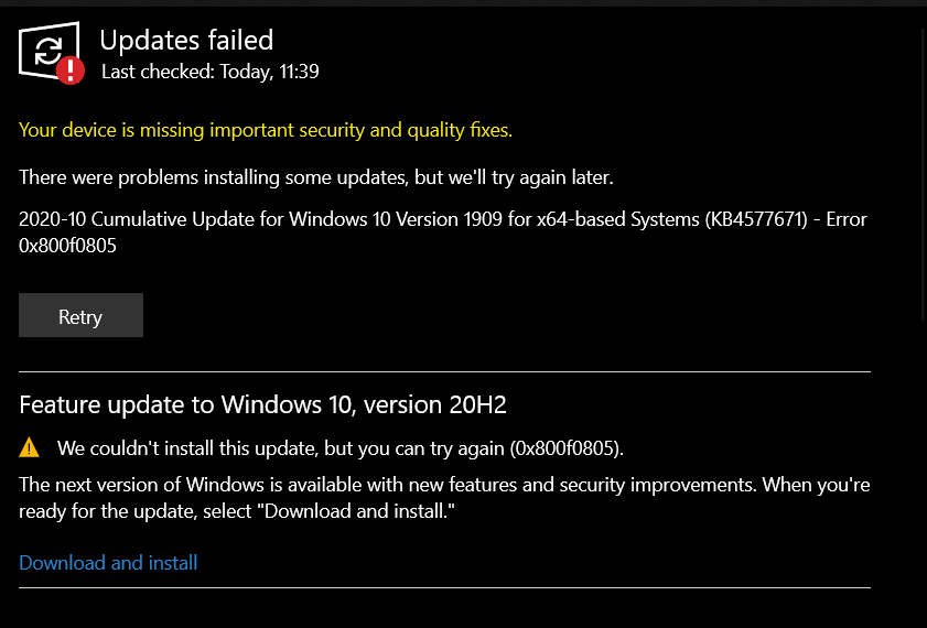 I am unable to install new windows update, error code: 0x800f0805 And I am unable to... b42b3139-c2e7-42f3-8a8c-c71fe680e7aa?upload=true.png