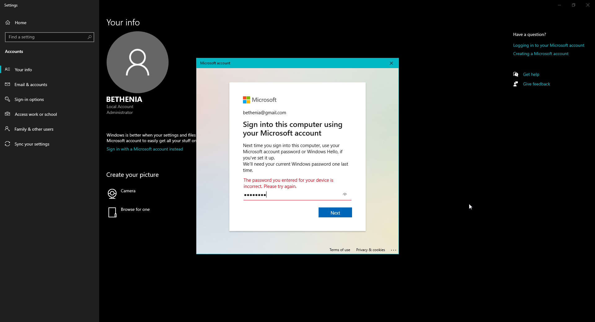 While setting up a new laptop I get an incorrect message says: " That Microsoft account... b49aafee-a10b-414a-a663-ea233a322c45?upload=true.png