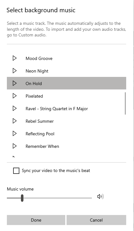 Is the background music, within the Window's Photos App/ Video Maker, copyright free? Or... b525dff7-7d3f-4360-8231-88210ba05dcb?upload=true.png