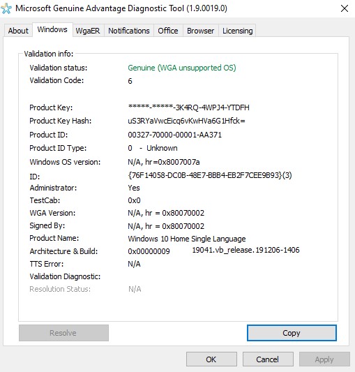 Ms GAD says Windows Validation Status "Genuine WGA unsupported OS" b669e640-eb32-44b3-84b8-26a7364e6b17?upload=true.jpg