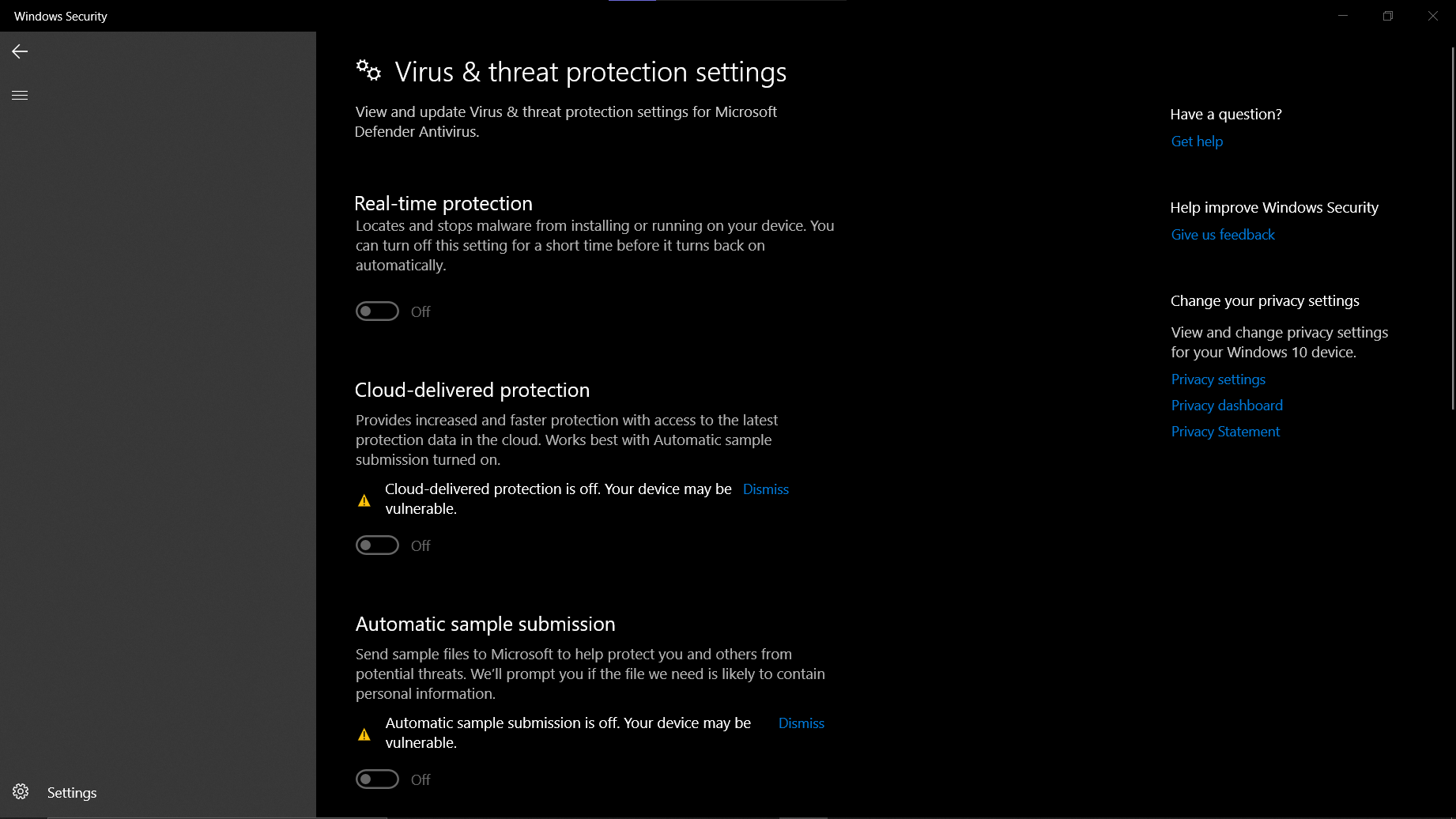 i cant turn on or off any of my windows virus and protection settings! b6f43e61-cb27-4707-afe0-4512f37d85c1?upload=true.png