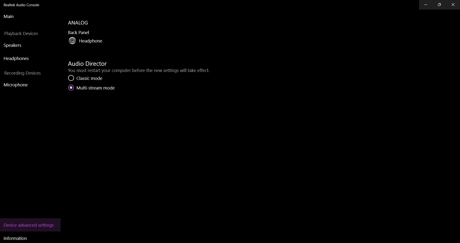 Microphone is showing up as headphone. Realtek audio console, connector retasking unavailable. b7535350-e04f-4cbd-b30c-32e3aad42abb?upload=true.png