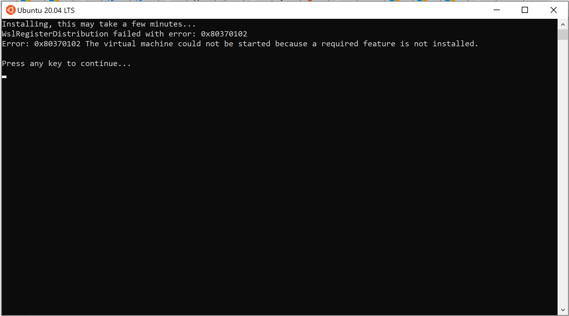 Unable to Start WSL2 machines. Tried Ubuntu 20.04, 18.04 and all. b7633a56-7276-40b3-99a6-d21cfacbeee0?upload=true.png