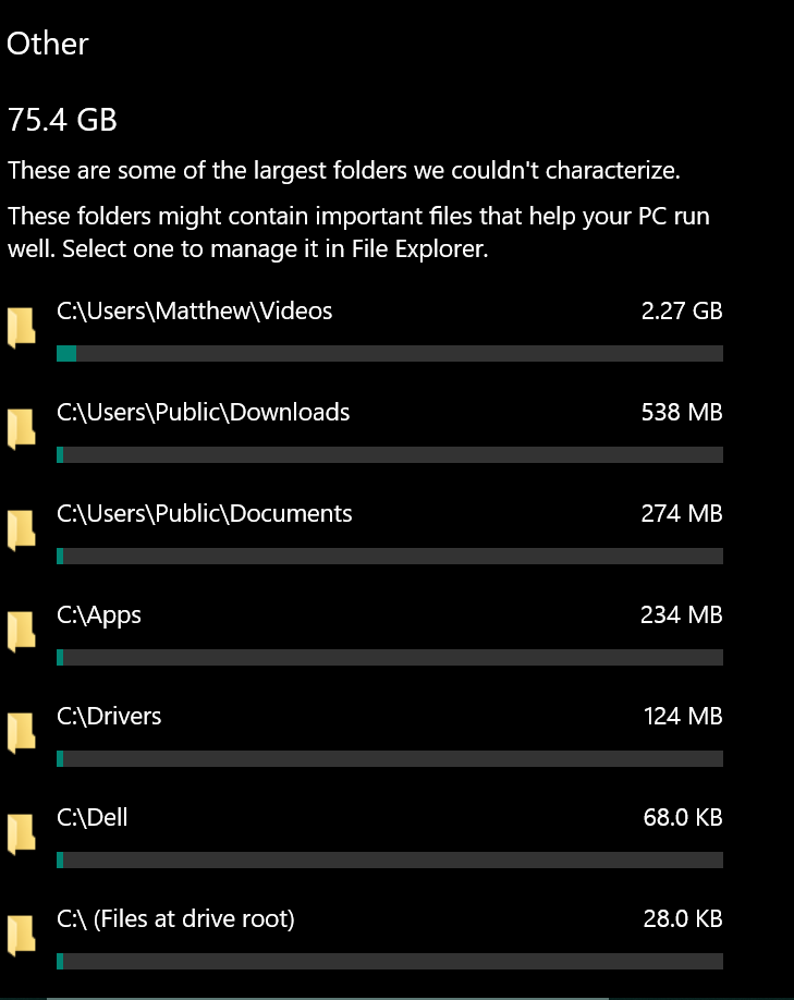 Under "Storage" on my laptop the "Other" folder has a lot of space that is unaccounted for,... b9f99cdd-f705-4407-a602-4697bf498a28?upload=true.png