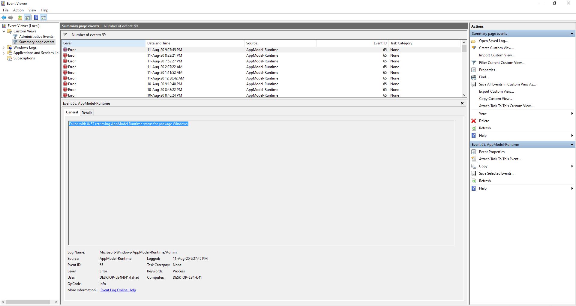 Failed with 0x57 retrieving AppModel Runtime status for package Windows. Event ID 65 ba8f7884-861e-4fb5-8665-2e55336c7f82?upload=true.jpg