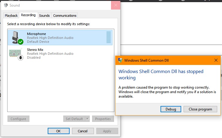 Windows Shell Dll crashes every time when I open microphone properties in the sound control... baa8a787-2573-4f96-958e-37de6bd8fa77.jpg