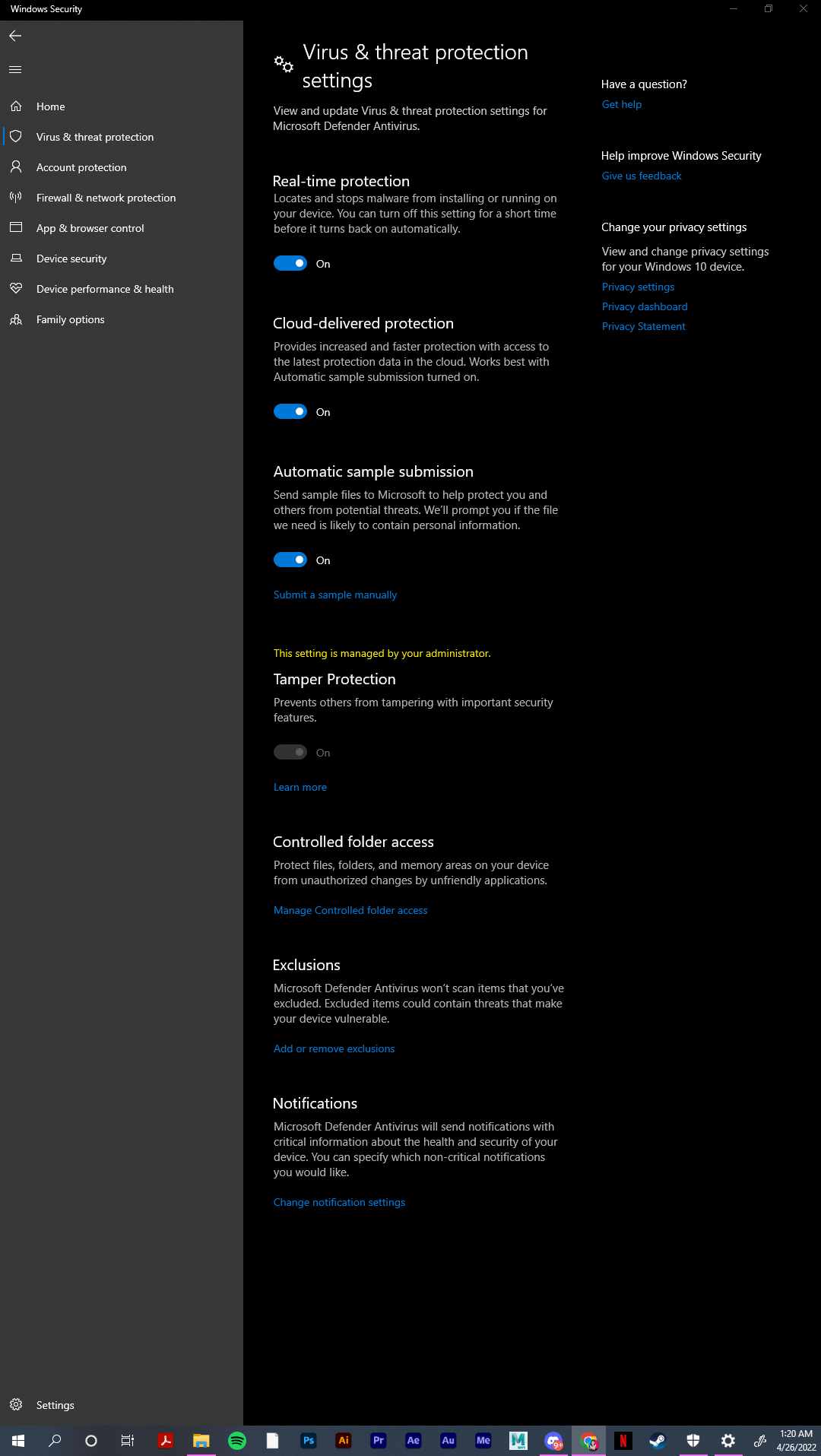 Tamper protection randomly turning off and graying out and preventing me from running... bab2bd55-f10a-4d0d-9a1f-9cb2709cfdc8?upload=true.png