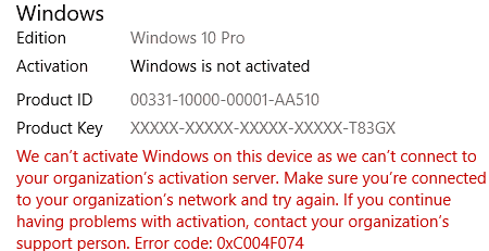 Error code: 0xC004F074 after latest update(june 2018) bb12e804-49a8-463b-bf6c-853a2f0aa9af?upload=true.png