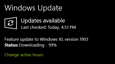 W10 ver1903 FEATURE UPDATE at 7oct2019: Still have version 1809, see GIFs below bb2c52e9-8b58-4e2f-860b-c5f14ea87ce5?upload=true.gif
