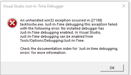 Unhandled exceptions in taskhostw started after installing VS2019 bbb40d1f-fdc9-4f14-91f3-bd66ce15ff3c?upload=true.png