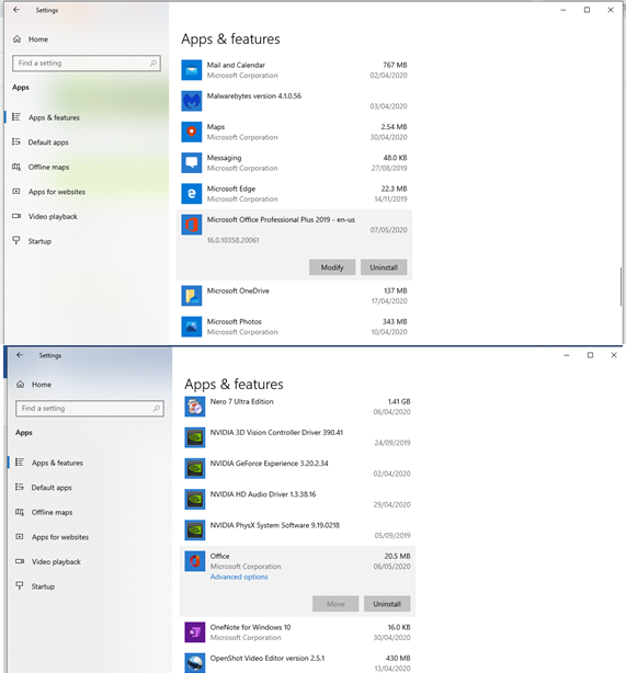 What is the difference between MS Office and Office in Apps & features in settings bbc63bcd-8e84-40a4-95ad-037319fd425a?upload=true.png