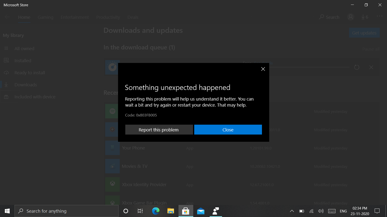 I  am getting an error code 0x803FB005 while download realtek audio control from microsoft... bfab9175-24b6-40b9-a7bc-161ce061b1f3?upload=true.png
