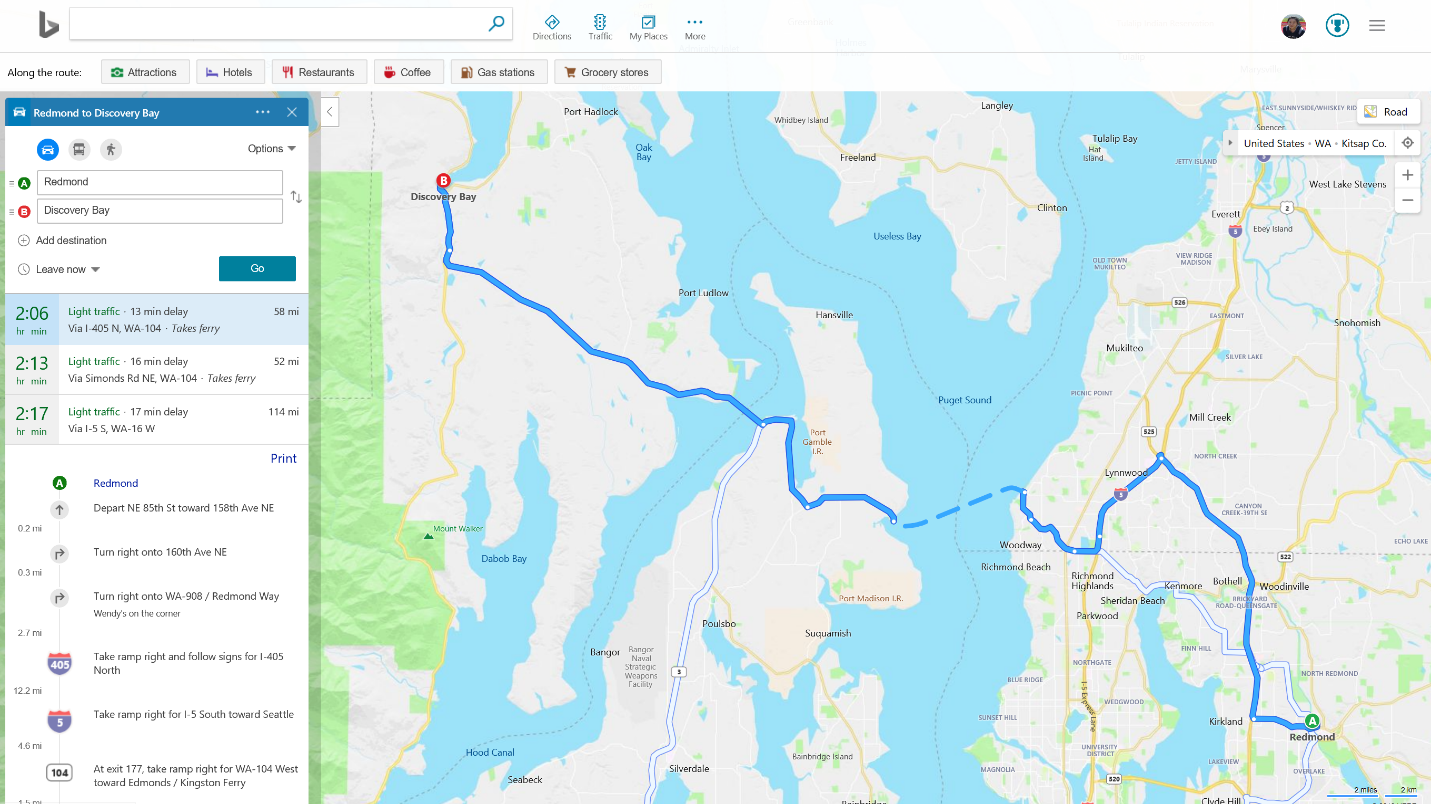 Bing Maps gets Real Time Updates, Trip Frequency, and Alternate Routes BingMapsTrafficColoringFerryRouteScreenshot.png