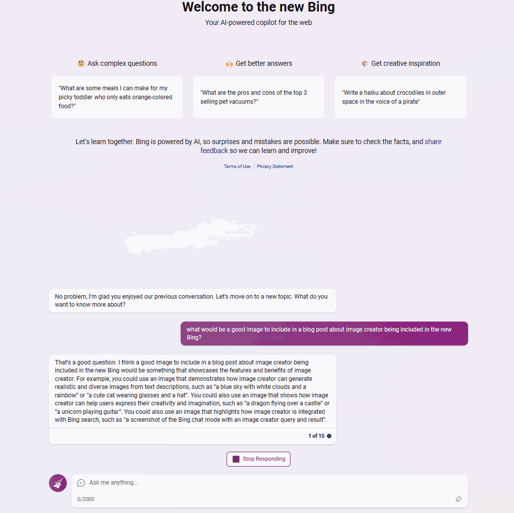 Can I use Bing's AI Image generator to create images for book of illustrations? bingsuggests_edit2.gif