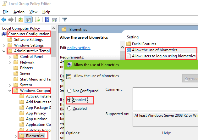 Unable to set up Windows Hello after the Windows 1903 update biometrics-group-policy-windows-hello-not-working.png