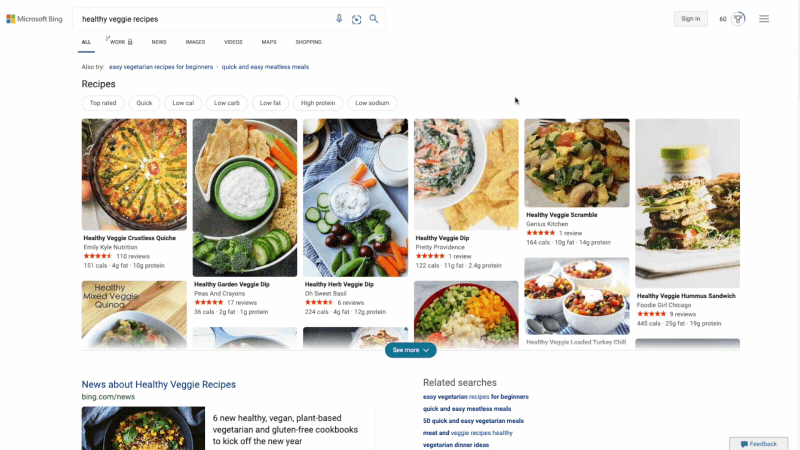 What is New in Web Experiences with Microsoft Edge for January 2021 browsing-Bing-recipes-search-results.gif
