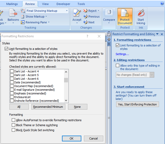 Why is styling missing for an IIS site when using one service account but styling exists... -built-styles-5-word2007-review-protect-restrict-editing-1-limit-formatting-selection-styles.png.png