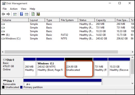 Unable to assign unallocated space to any of the partition or to create a new volume from... c04789573.jpg