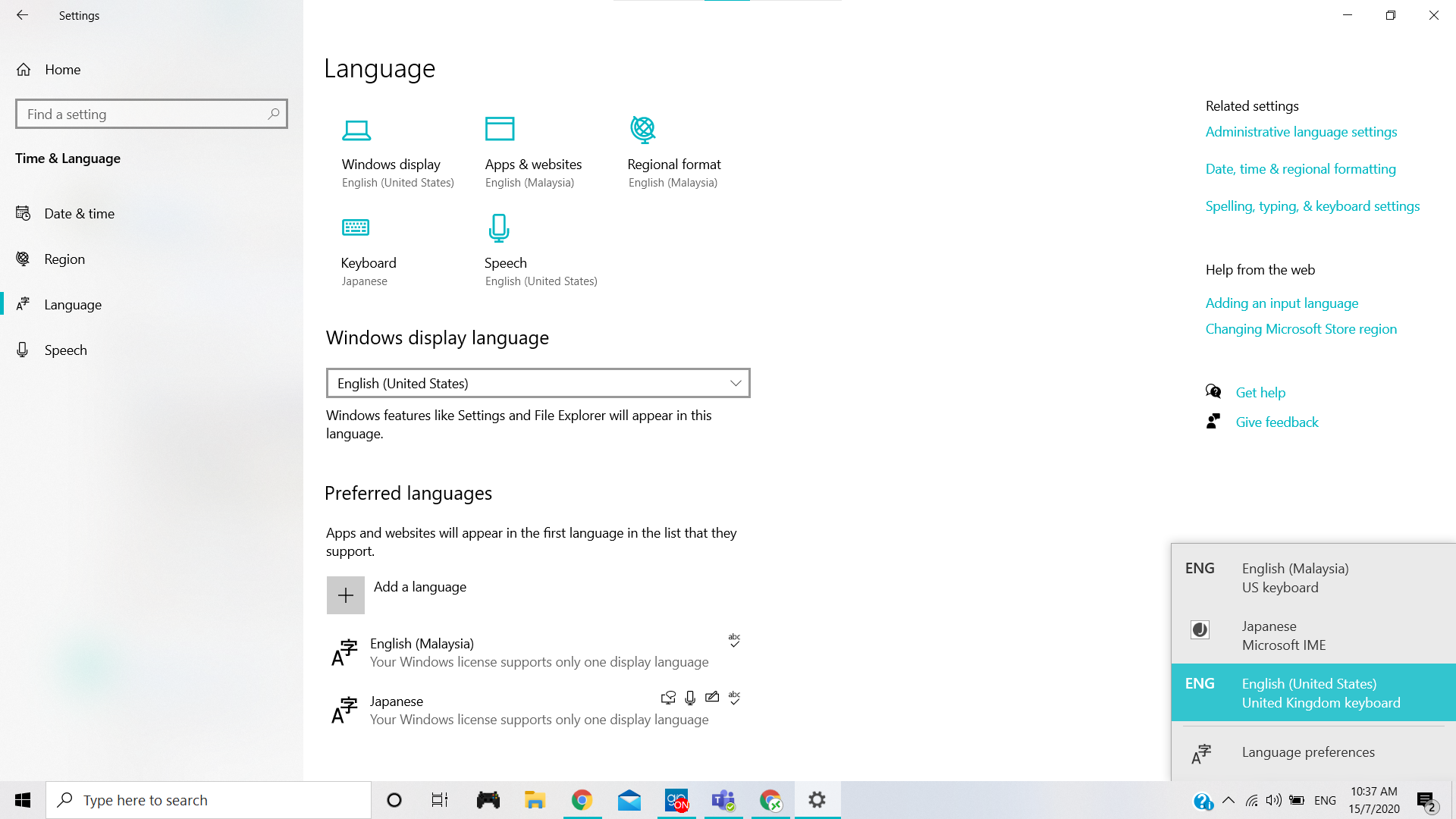 win 10 set default keyboard language