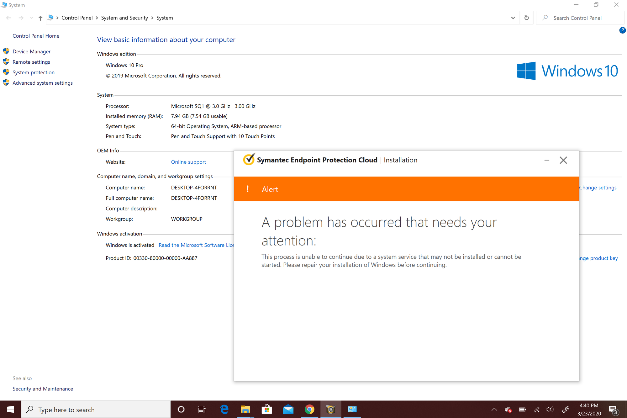 cannot install symantec endpoint protection cloud on surface pro x c1620568-88e2-4fdc-9608-fc9bf55628e1?upload=true.png