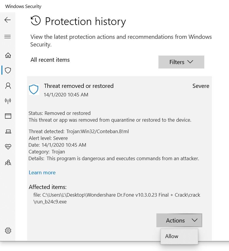 Windows defender threat "removed or restored" but still comes up as 1 threat found c1671ad3-ac5c-44c7-ac92-57ad2857757e?upload=true.jpg