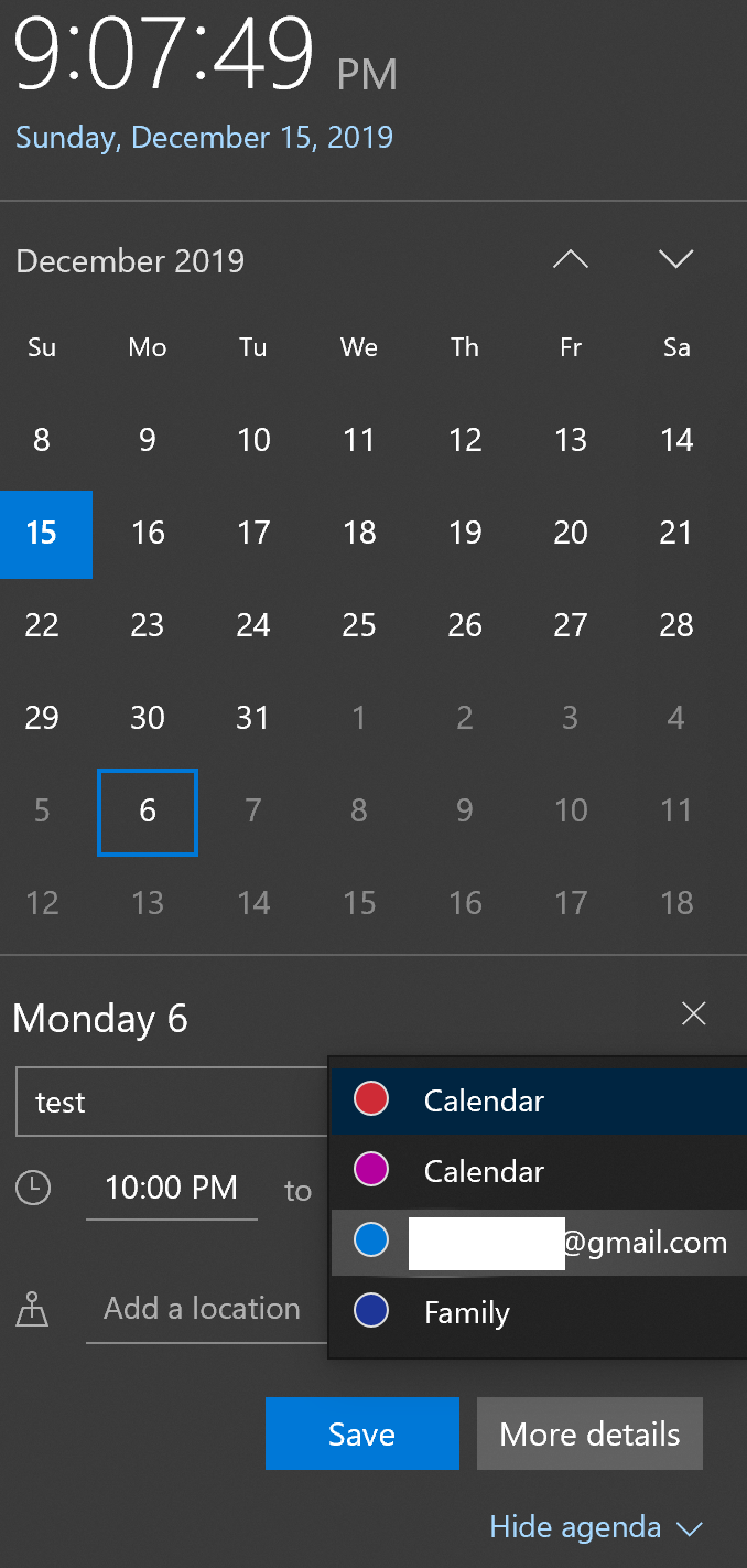 Default calendar for new events Calendar App Windows 10