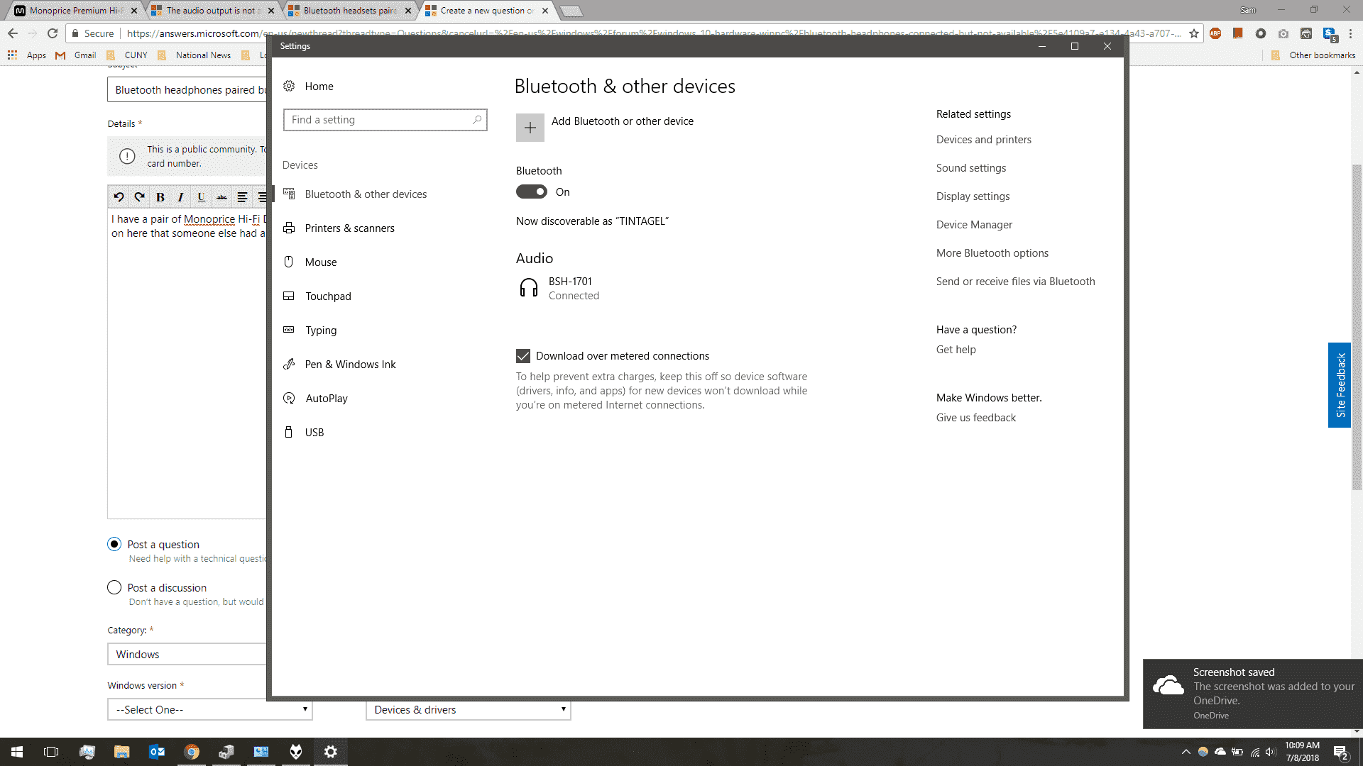 Bluetooth headphones paired but not connected with Windows 10
