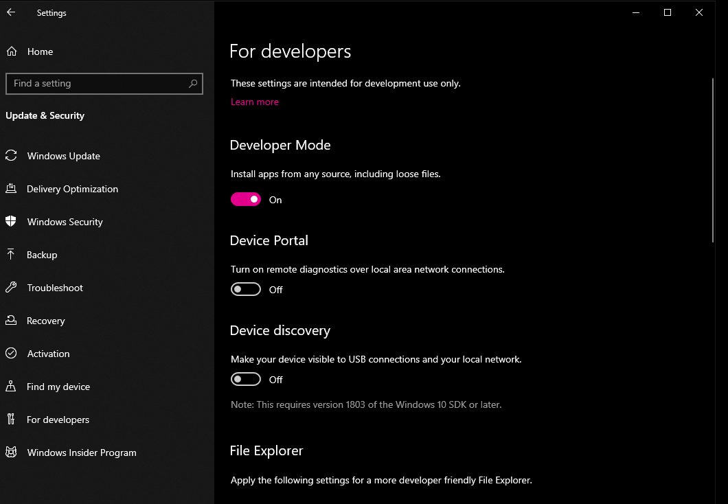 Sideload apps option not visible. c4d60c2e-eed9-4e72-826c-117ea5095c40?upload=true.png