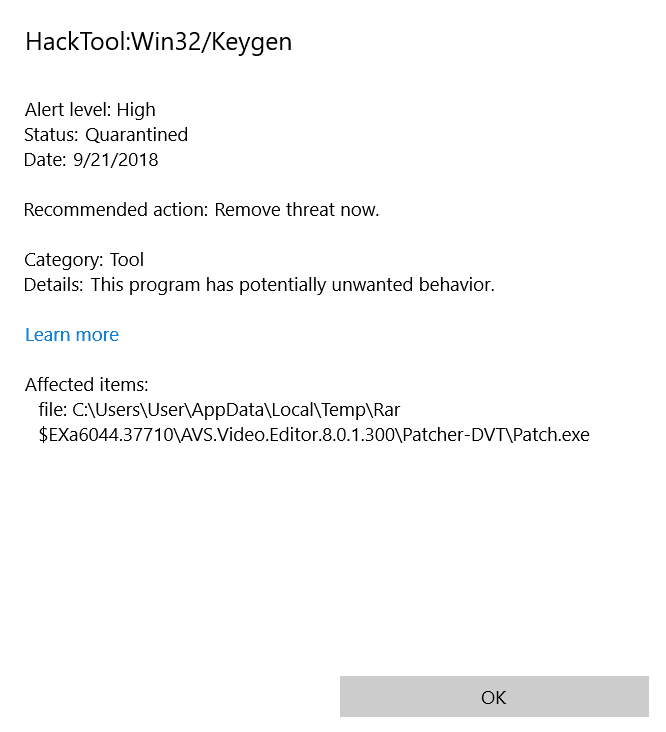 Quarantined threat: HackTool:Win32/Keygen c614a6b2-9108-46f0-873f-6c5e5d2d2ec2?upload=true.png