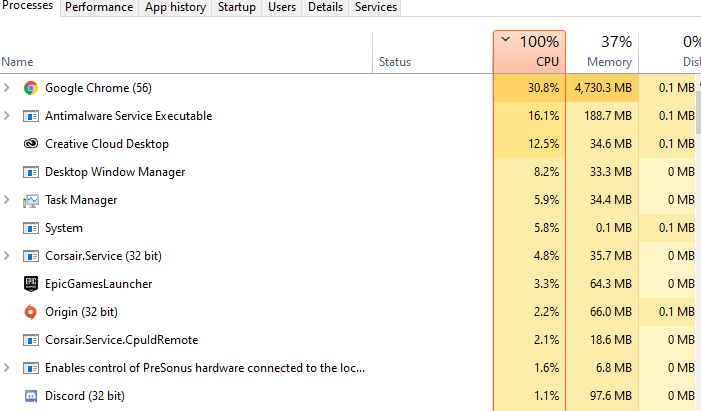 Started getting intermittent periods of 100% CPU usage. Started occasionally when opening... c73a050f-1add-42ca-bc34-88ad32120dfc?upload=true.png