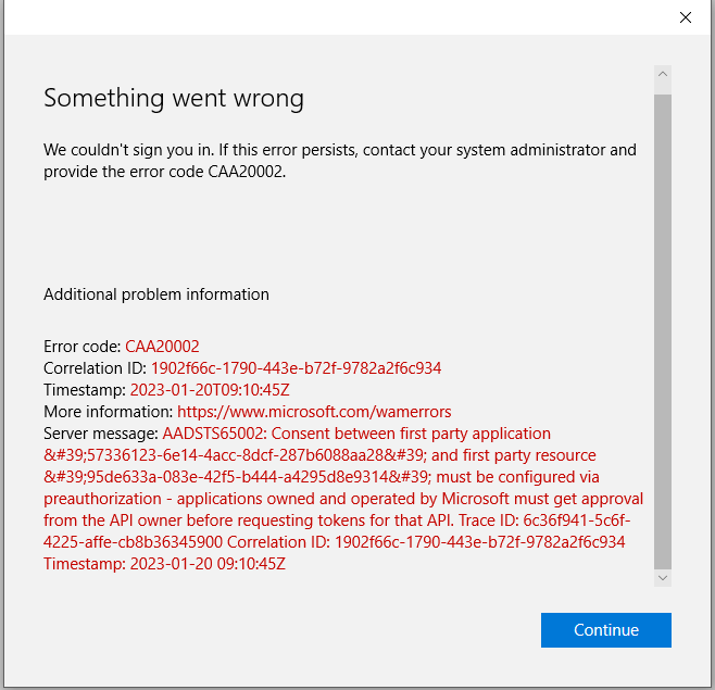 Error code CAA2002 when trying to sign-in to Microsoft whiteboard with my business account c9923f7d-de08-41a0-b7c5-e26bcbea5484?upload=true.png