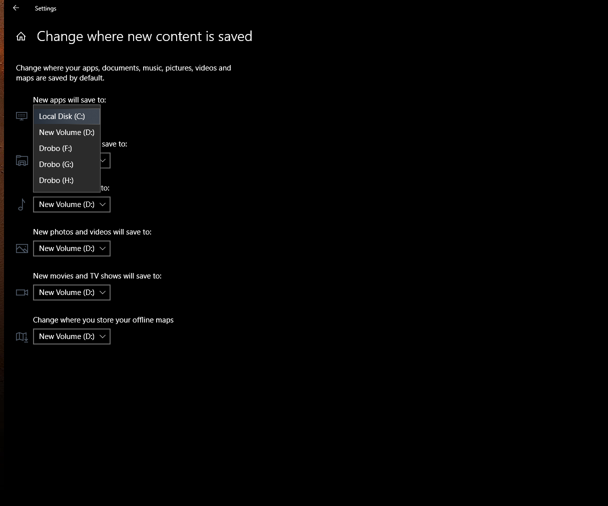 Unable to change which Disk Windows 10 saves/installs new apps to. c9b7451f-e3d6-42d8-9a9b-8d046bf1f2cc?upload=true.png