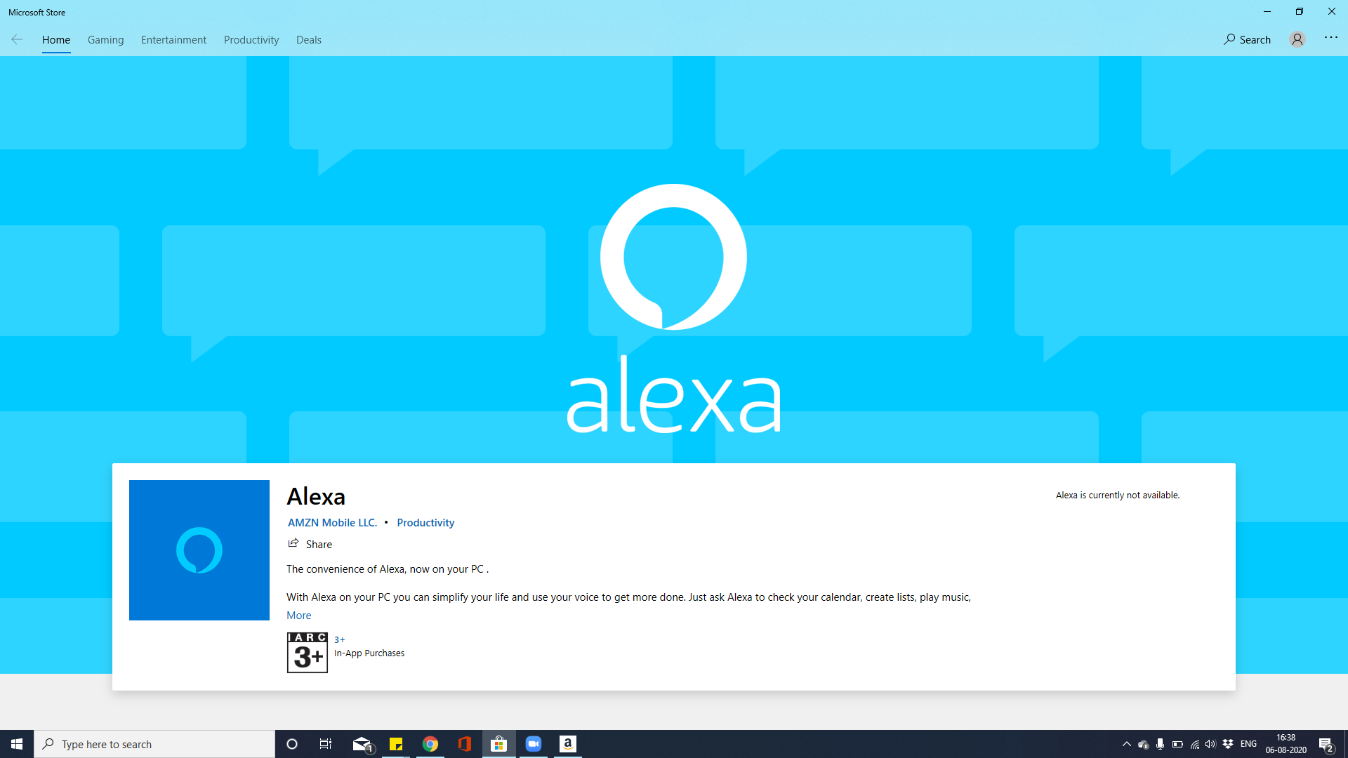 I am unable to install alexa in my PC. The Microsoft store is showing unavailability of... cacf47a6-daaa-449a-86fe-50a39773f077?upload=true.png