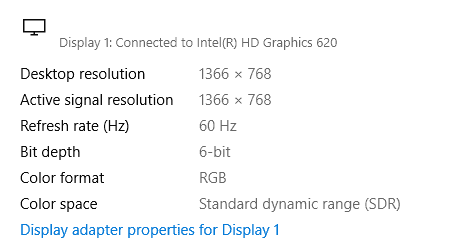 Color bit depth is at 6-bit on Display properties of Windows 10 pro