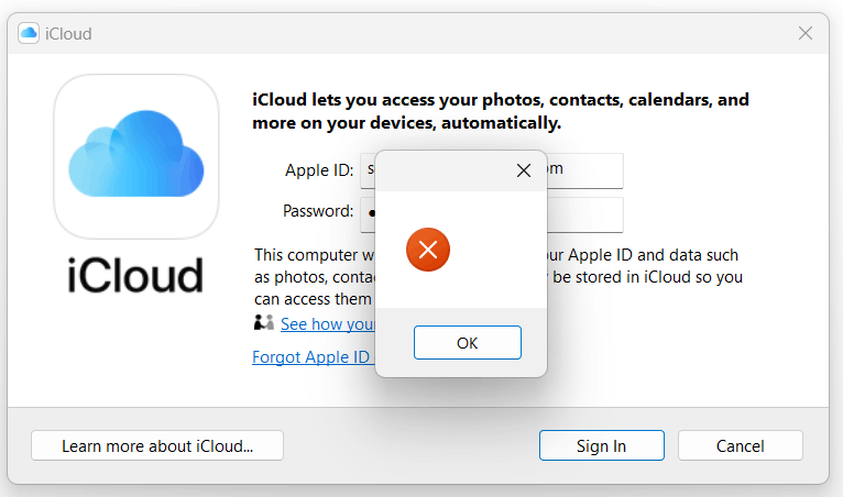 Suddenly I can't log into iCloud for Windows on Windows 11.  Big Red X.  No error message cf463b7a-4785-483e-948f-719f6061c32c?upload=true.png