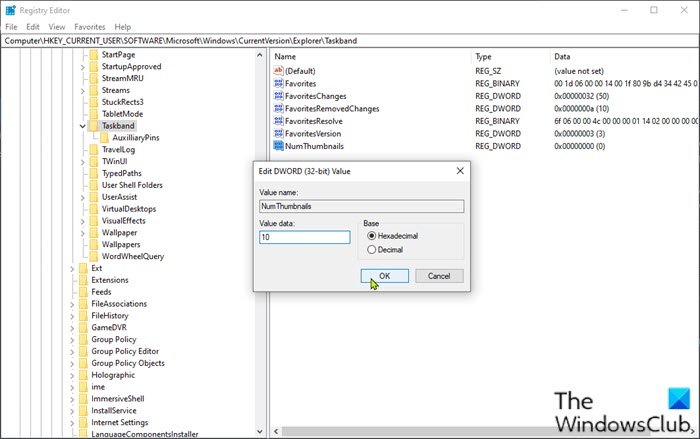 Taskbar Thumbnail Preview not working in Windows 10 Change-NumThumbnails-registry-key-value.jpg
