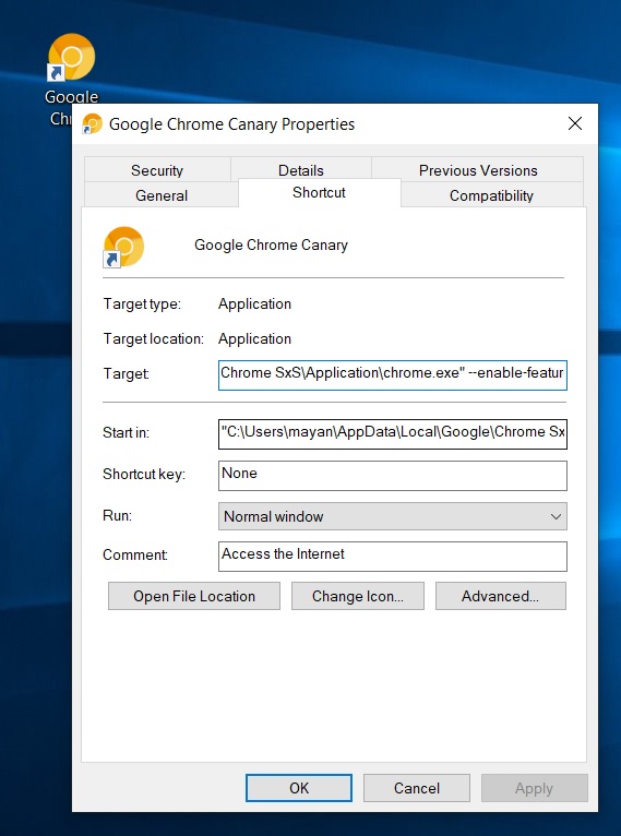 Google Chrome Canary on Windows 10 gets new dark tab, downloads page Chrome-properties.jpg