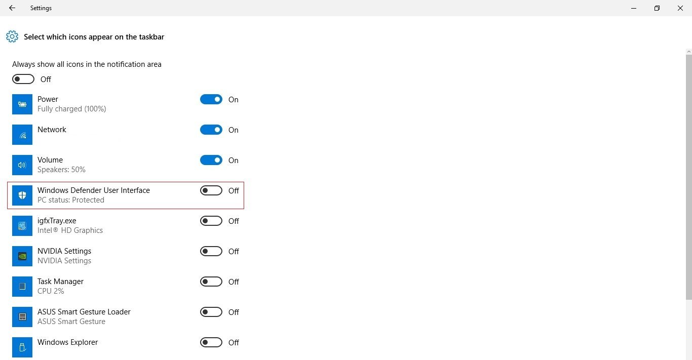 No windows defender icon in the notification area of the taskbar until I sign out and then... ChSkOYs.jpg