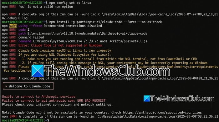 Claude Code not working in WSL on Windows computer claude-error.png