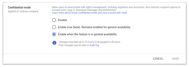 Dynamic email in Google Gmail generally available on July 2, 2019 Confidential%2Bmode%2Bsettings.png