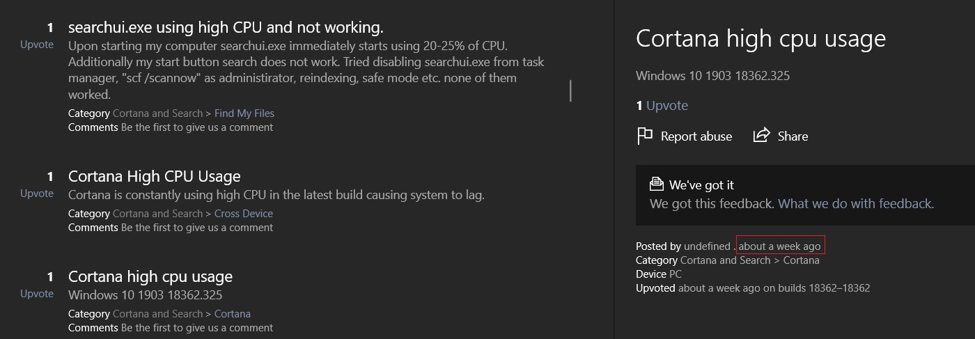 Windows 10 KB4512941 (Build 18362.329) is causing high CPU usage Cortana-CPU-usage.jpg