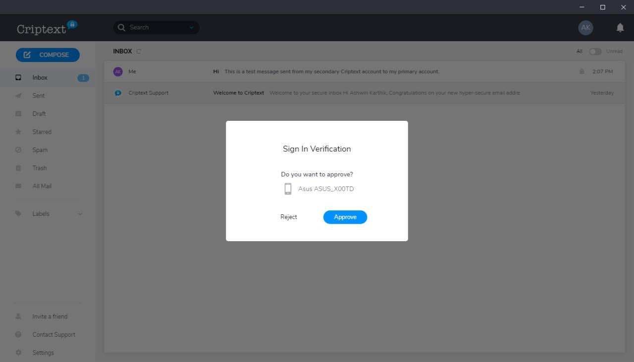 Criptext is a free encrypted email service with open source apps for Windows, Linux, macOS,... criptext-approve-login.jpg