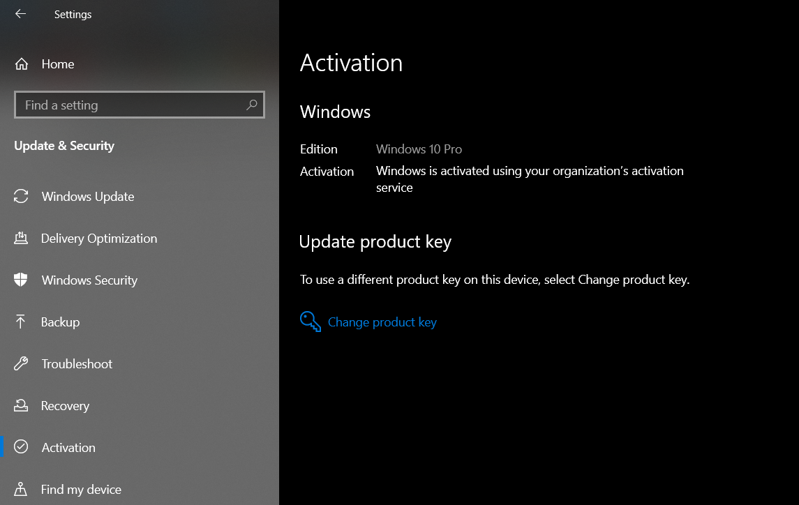 Activation is showing as "Windows is activated using your organisation's activation service" d05114a8-e197-4639-aeff-a266f148b089?upload=true.png