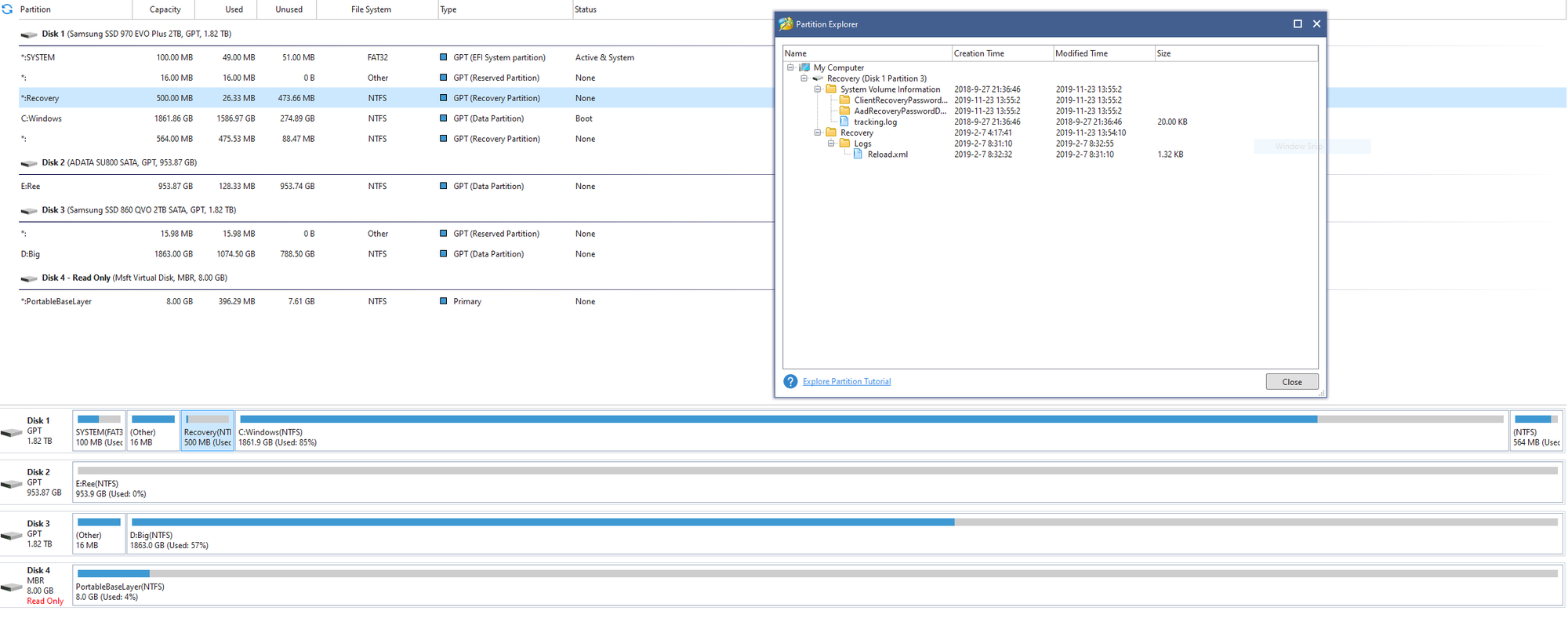 Two recovery partitions, but one is mostly empty. d2774c5f-2b09-479f-8595-07c2609c25f2?upload=true.png