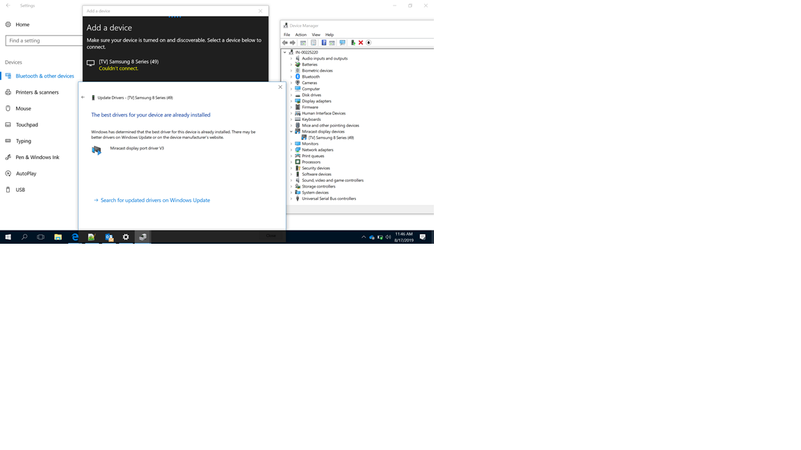 Getting error while connecting to Samsung series 8 with Microsoft 10 using Mircast d312ff0e-f58d-47a0-8af4-0d24a363342a?upload=true.png