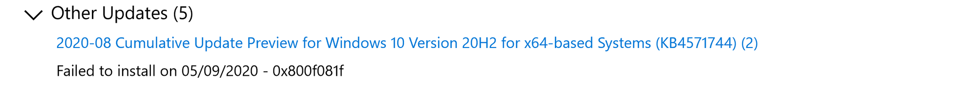 For last few weeks I constantly get 0x800f081f error when trying to update windows 20h2... d3b852a1-c6d0-408d-86f6-6ecc786e271d?upload=true.png